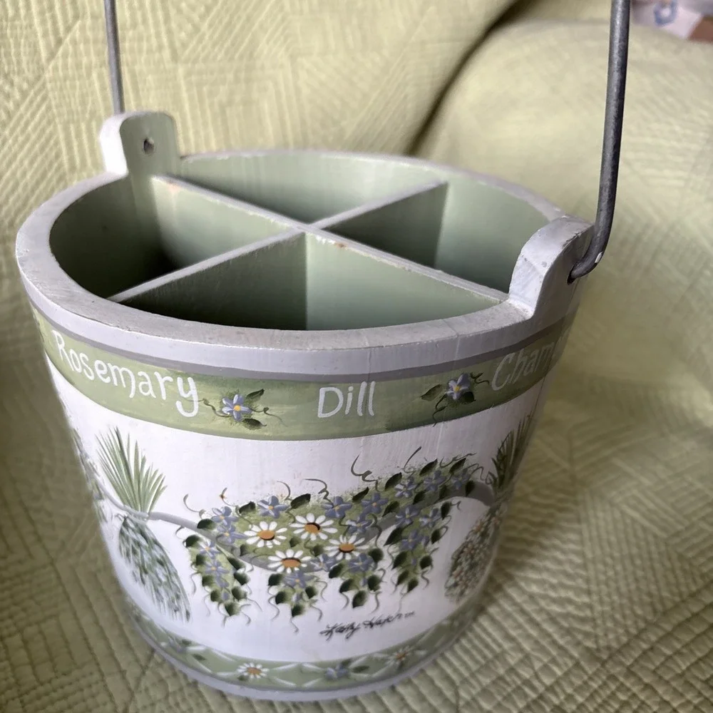 Wood Herb Kitchen Utensil Caddy Basket 4 Compartment Rosemary Dill Farmhouse Vtg